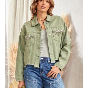 NWT Rhinestone Detail Denim Jacket  in Sage Green